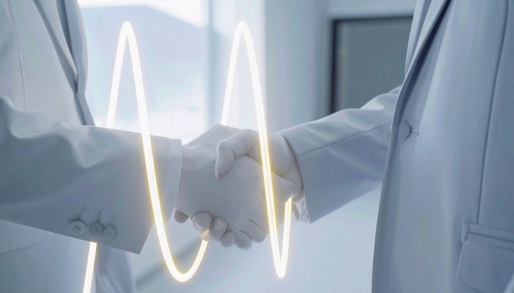 Zwei stilisierte, abstrakte Personen in hellgrauen Anzügen geben sich die Hand