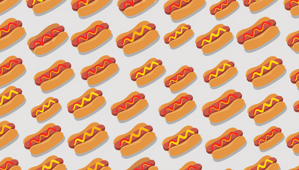 Aneinander gereihte Currywürste im Emoji-Style.